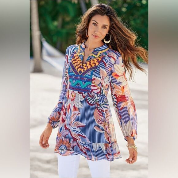 Soft Surrounding Sheer Floral Long Sleeve Baby Doll Tunic Top - Picture 1 of 13